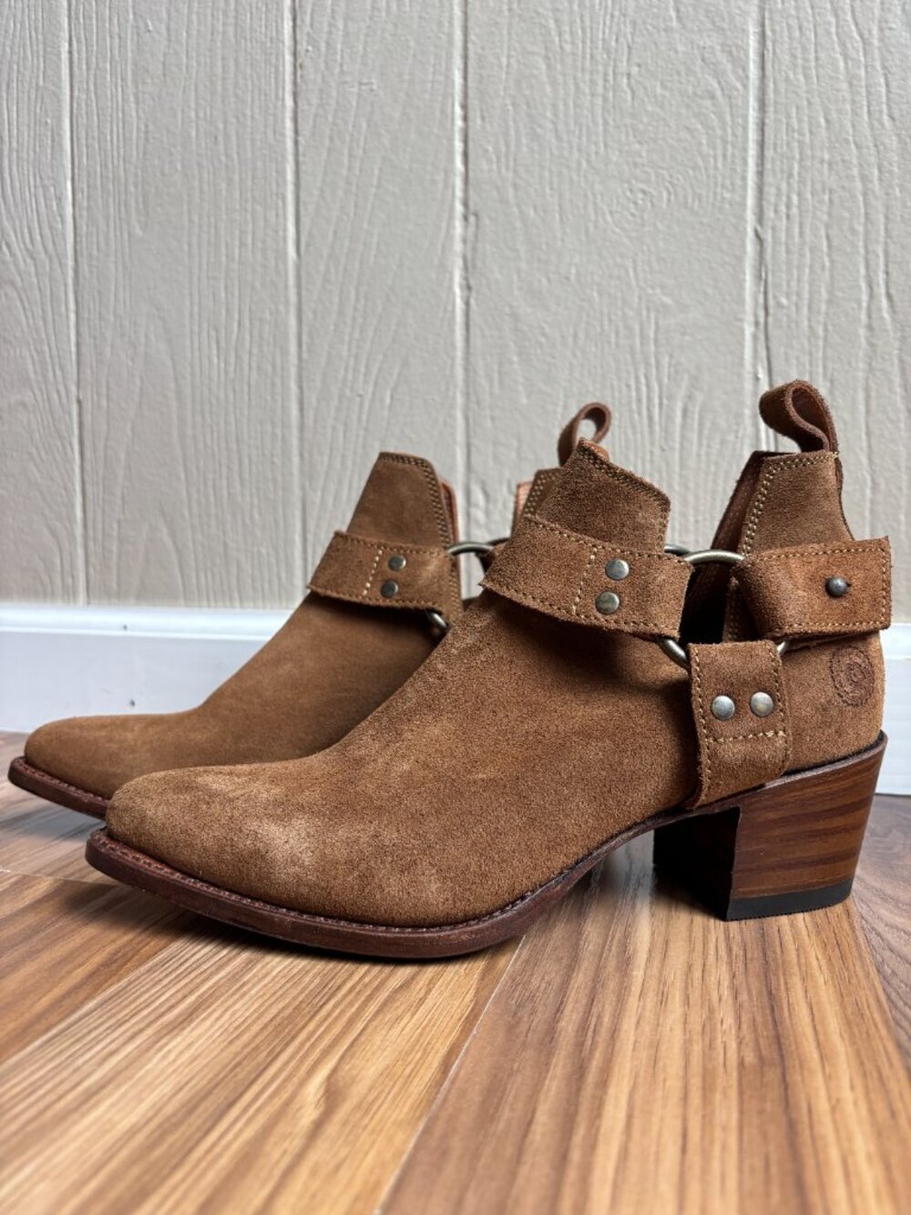 Ranch Road Azalea Harness Suede Leather Heeled Boots Booties Made in Spain